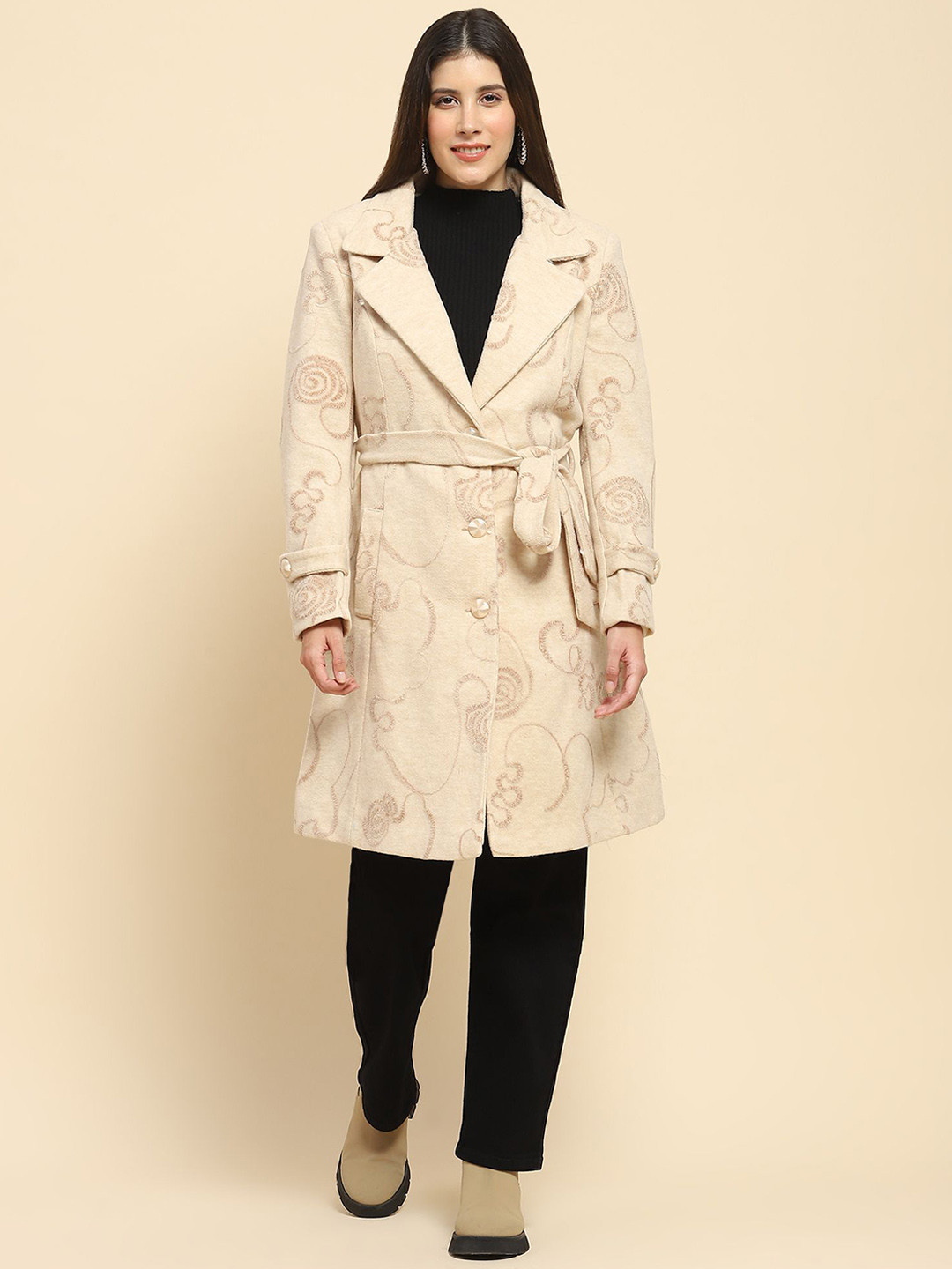 Global Republic Women Self Design Notched Lapel Trench Coat