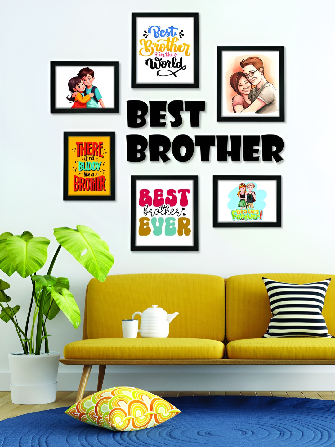 RANDOM Black & White 6 Pieces MDF Wall Photo Frames With Best Brother Plaque