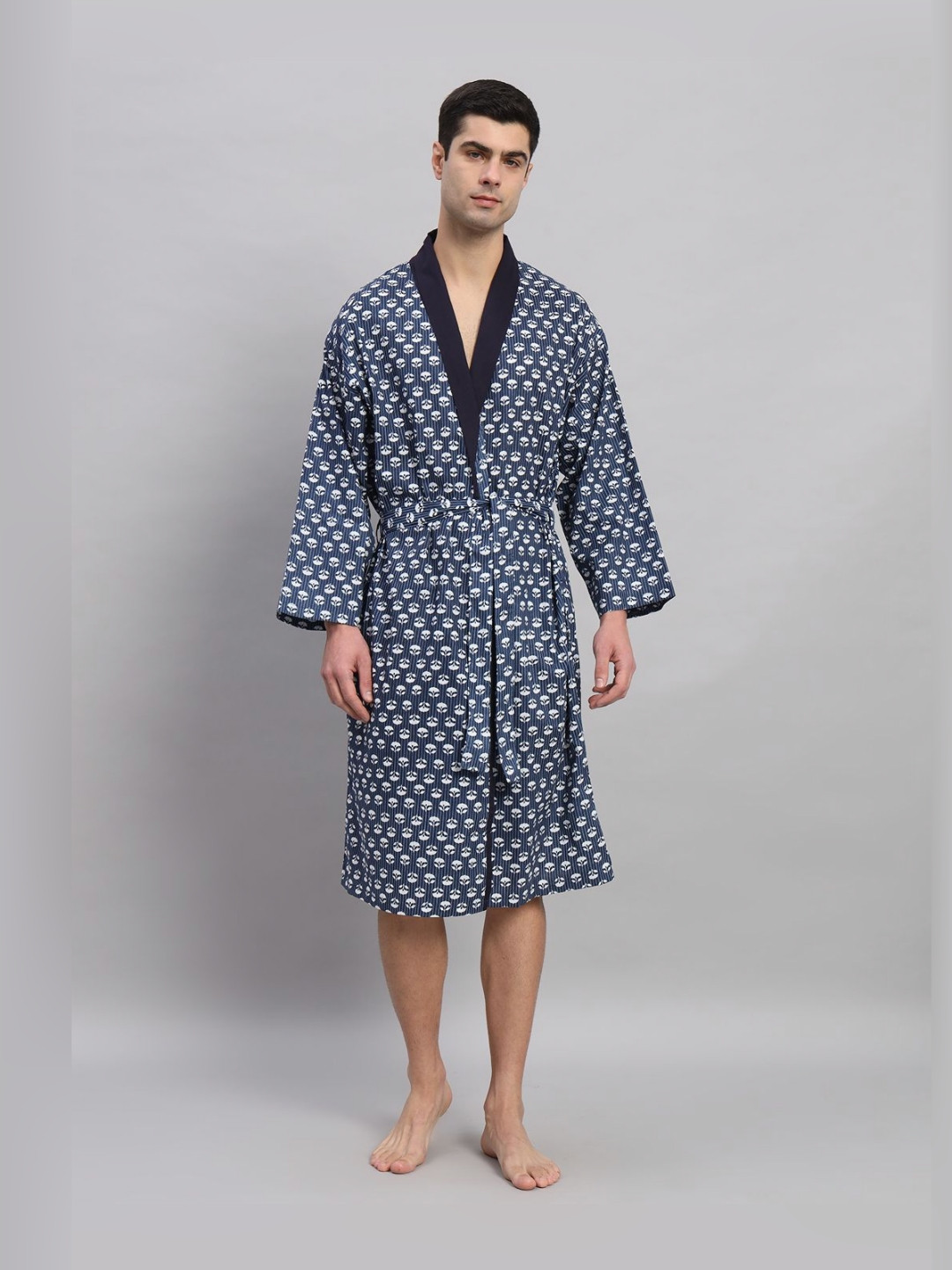 HANDICRAFT PALACE Navy Blue Conversational Cotton Drawstring Midi Bath Robe-S