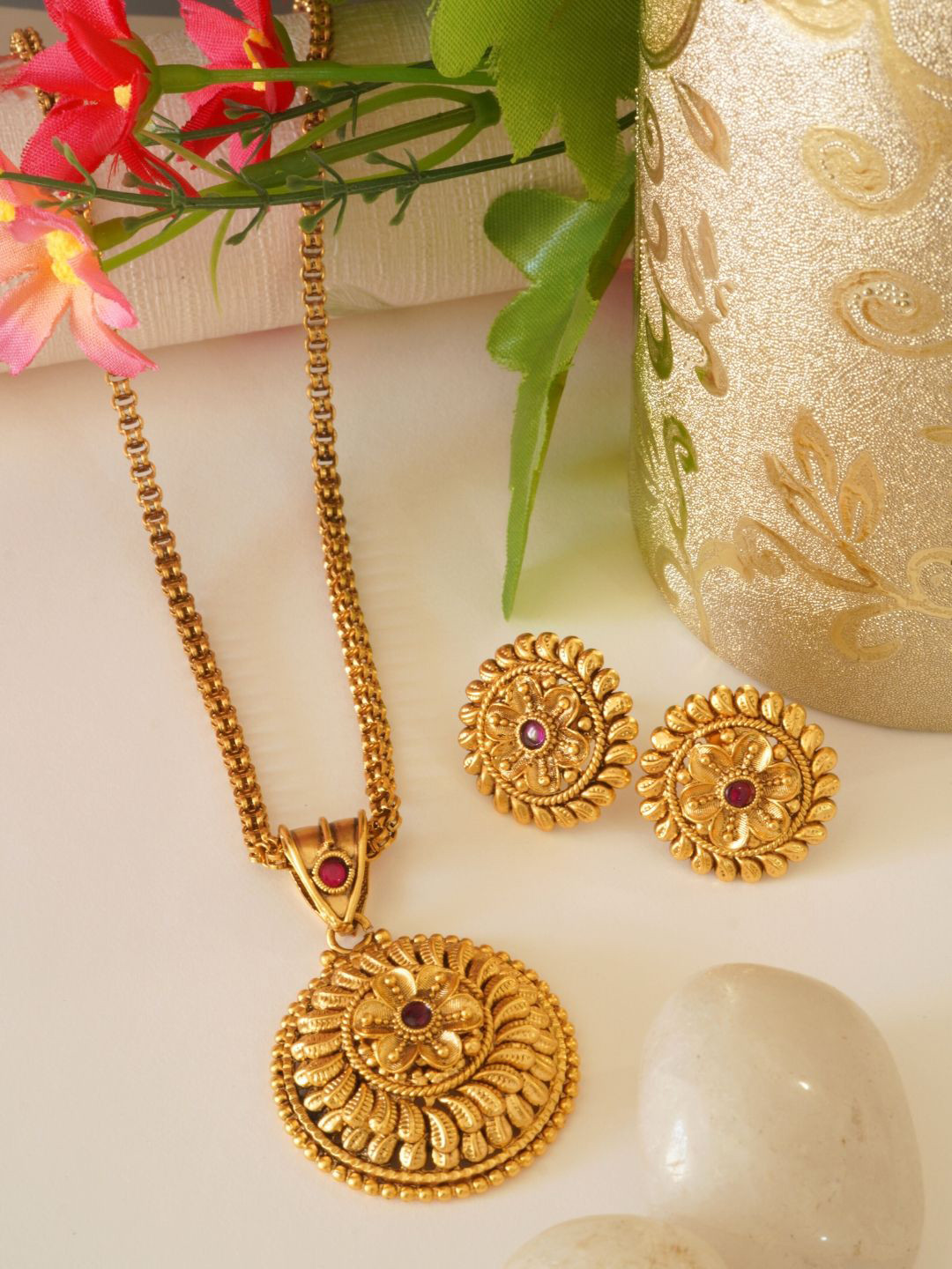 inc63-for elites Gold Plated Ruby Stone Studded Jewellery Set