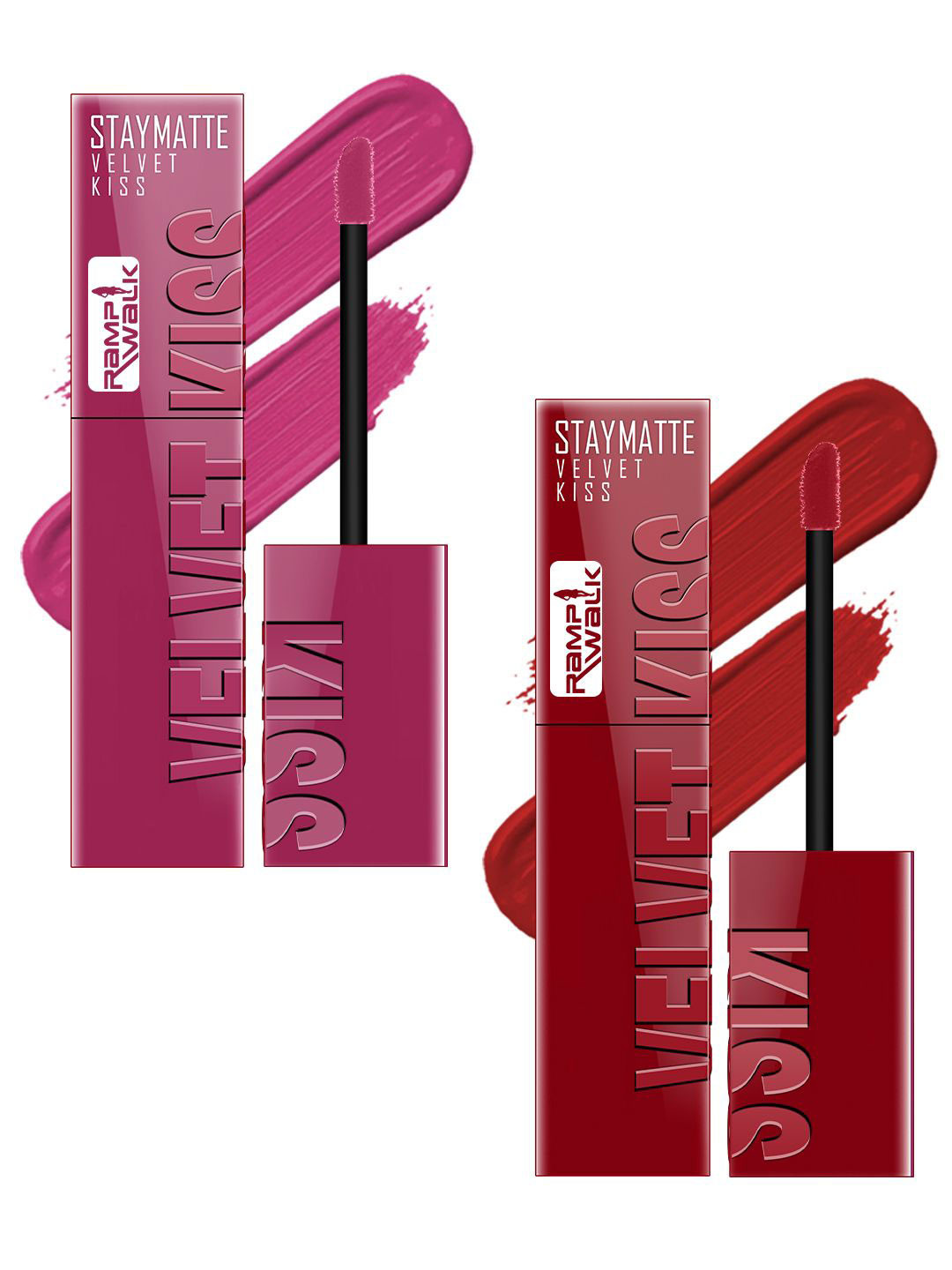 Ramp Walk Velvet Kiss Set Of 2 Liquid Lipstick - 3.5 ml Each - Dark Pink 08-Cherry Red 12