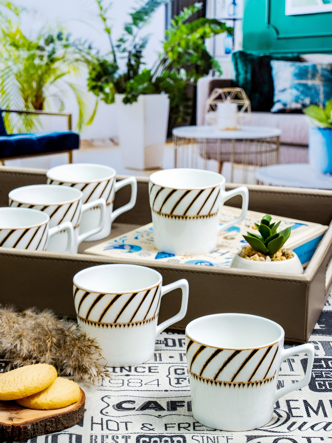 SONAKI Zodiac White Striped Bone China Microwave Safe 6 Piece Mugs-120ml