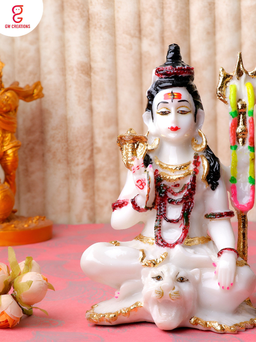 GW CREATIONS Lord Shiv Ji White Marble Metallic Prayer Room Large Showpiece - 3.5 Inches