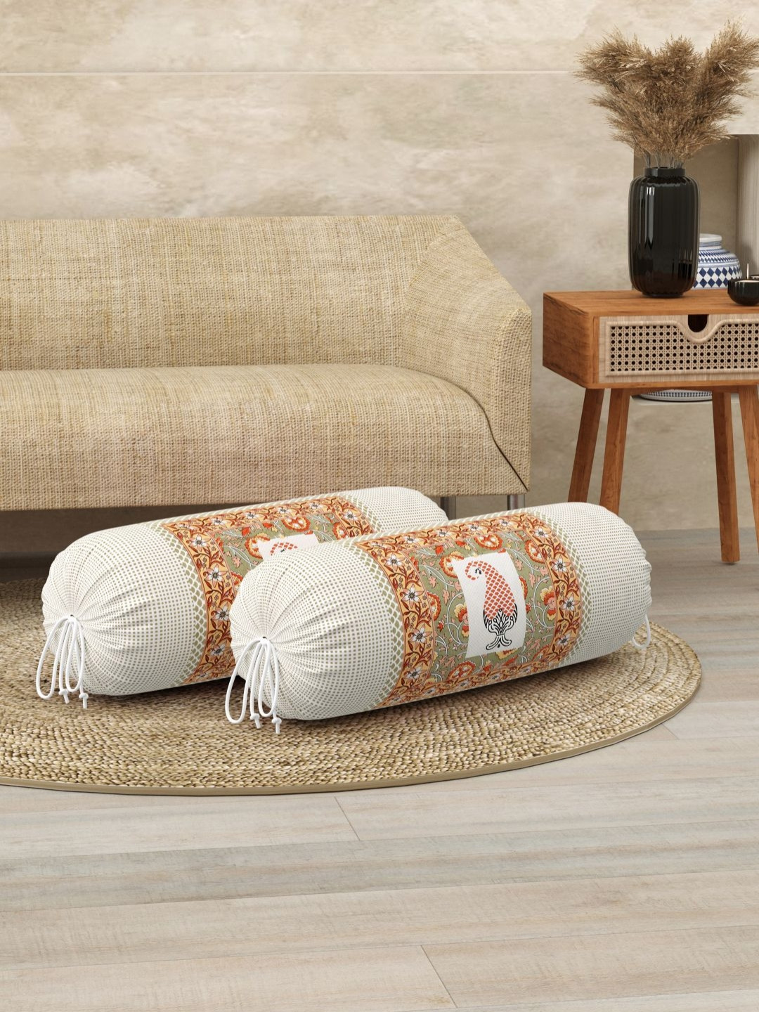 BLOCKS OF INDIA White & Peach-Colored 2 Pieces Ethnic Motifs Printed Cotton Bolster Covers