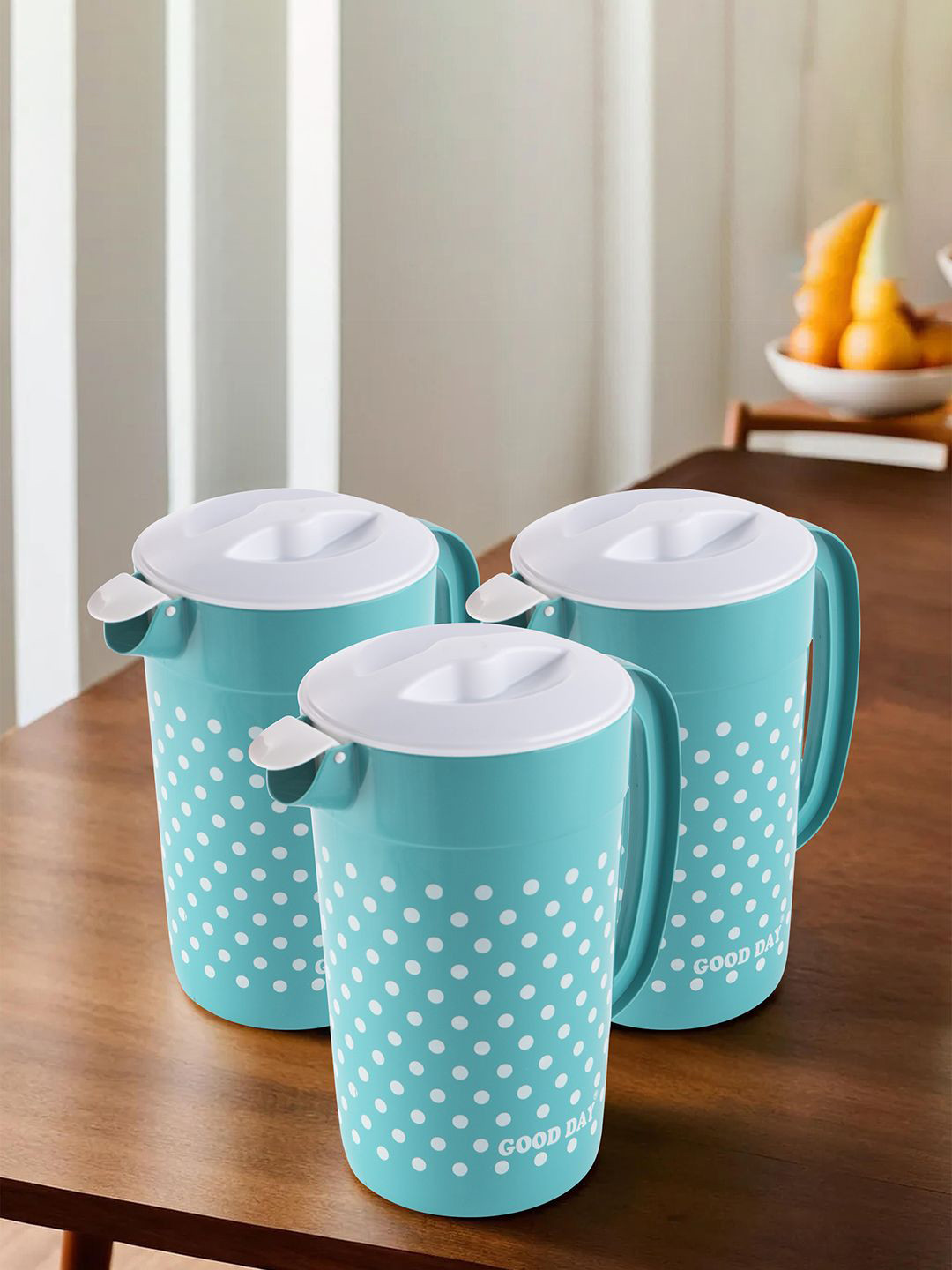 Kuber Industries Green & White 3 Pieces Polka Dot Print Water Jugs-2L