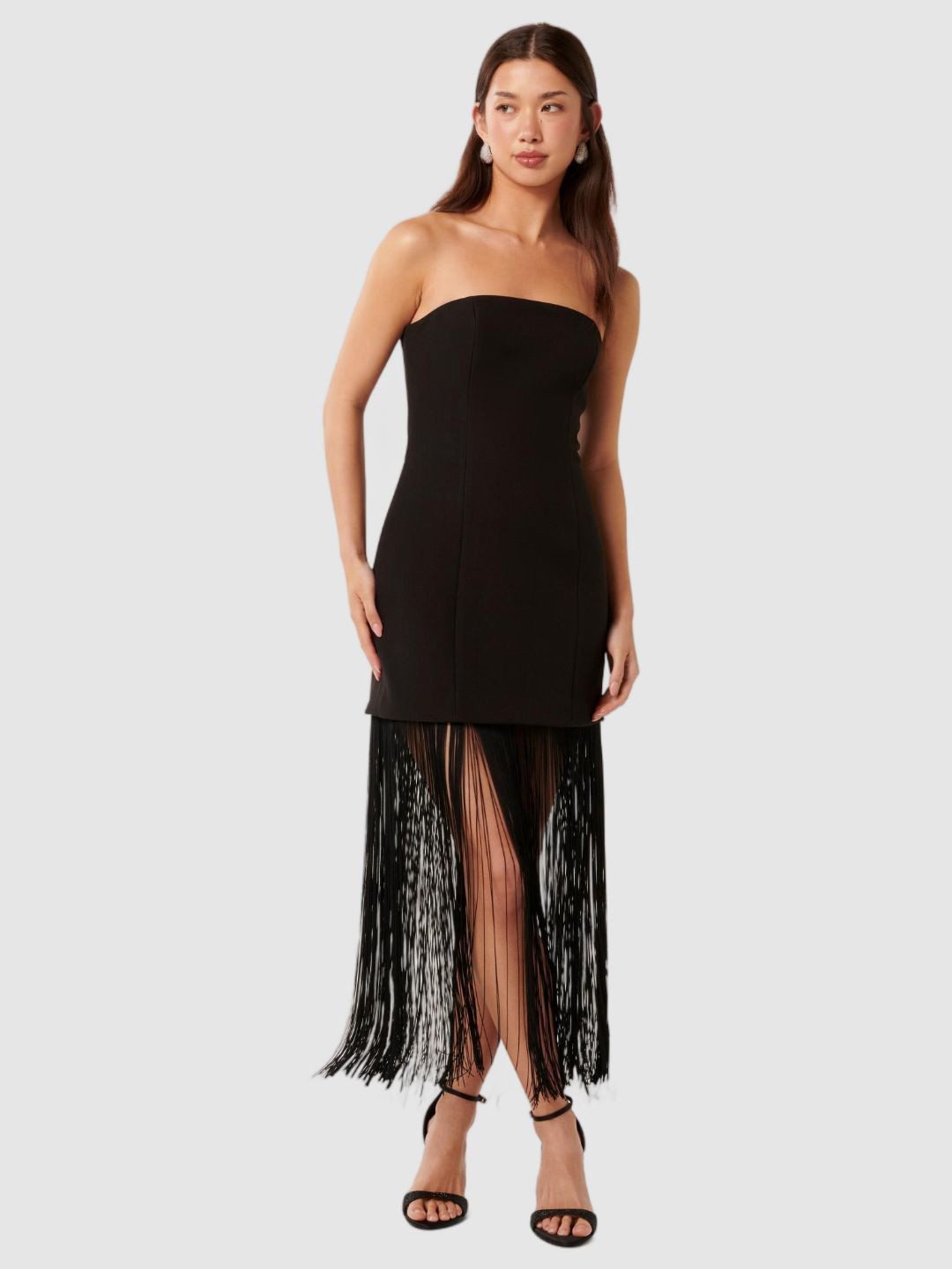 Forever New Women Strapless Fringed Hem Bodycon Maxi Dress