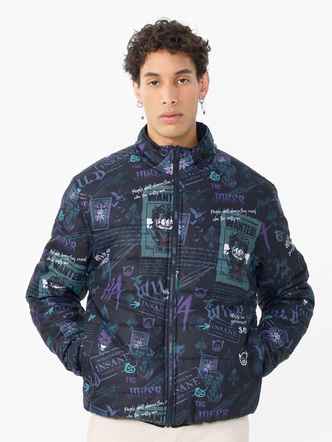 The Souled Store Men Stand Collar Graphic Printed Casual Puffer Jacket