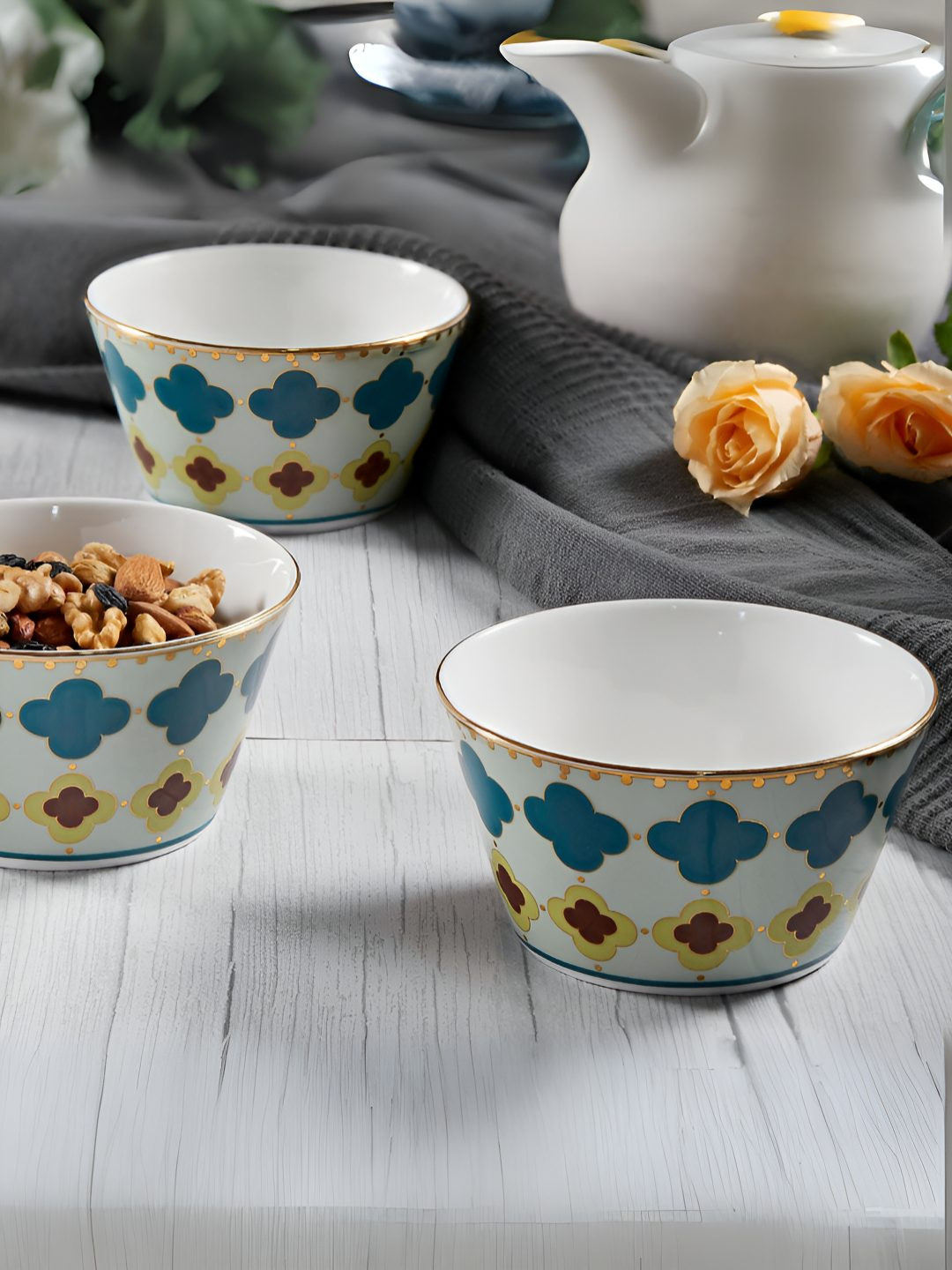 CLAY CRAFT  White 3 Pieces Ceramic Highlighted with 24k Gold Print Serving Bowl