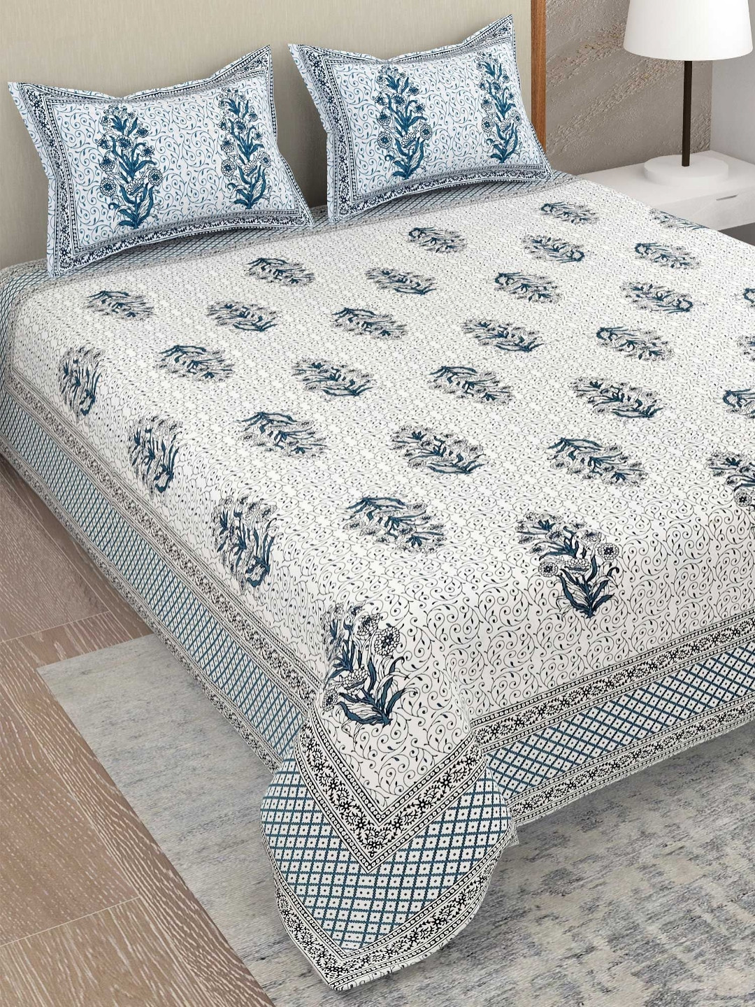 Adwitiya White Floral Cotton 300 TC King Fine Bedsheet with 2 Pillow Covers-241.3 x 274.32 cm