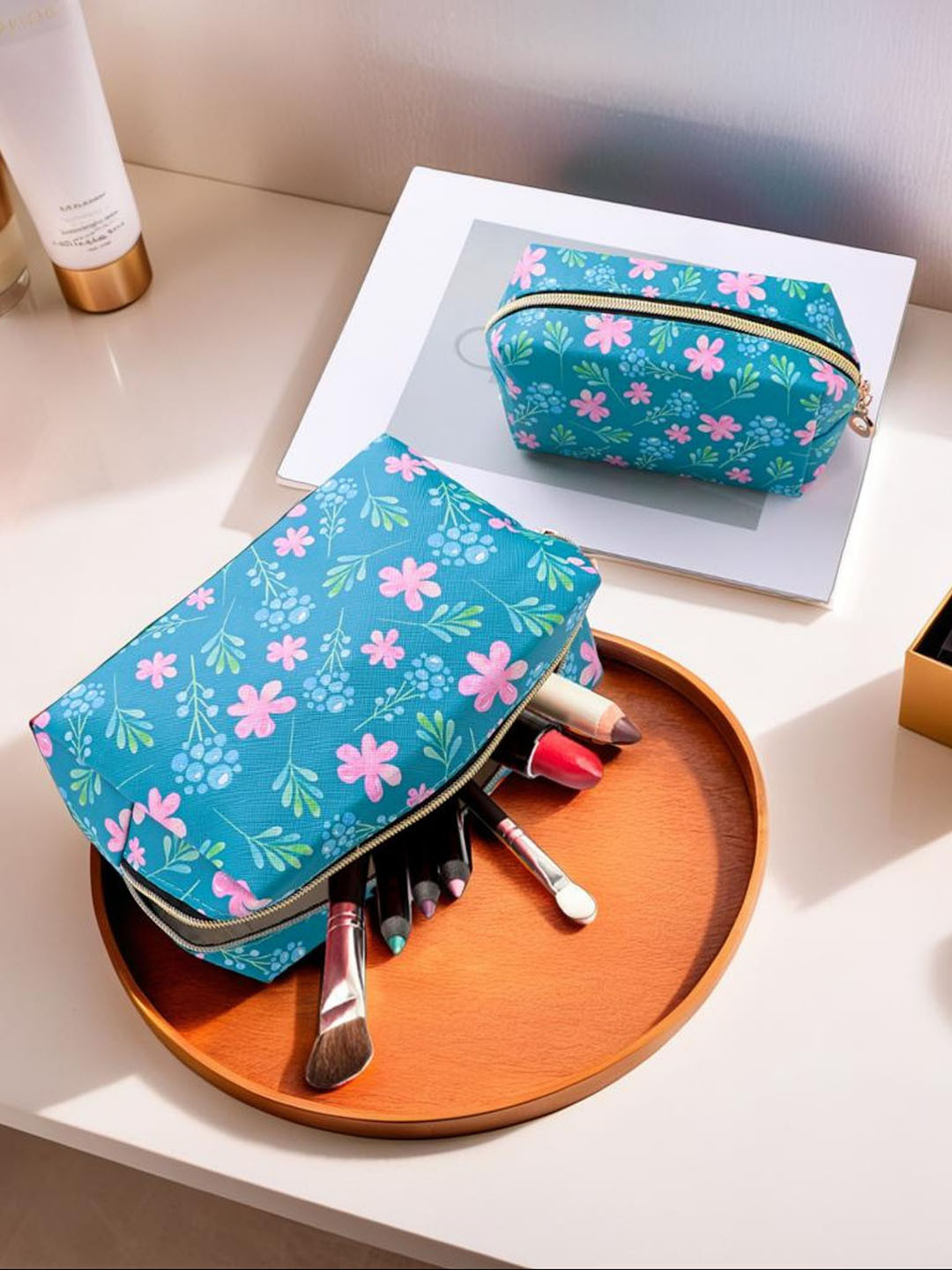 Tinker Squad 2 Pcs Teens Girls Green Floral Print Cosmetic Pouch Bag Travel Accessory