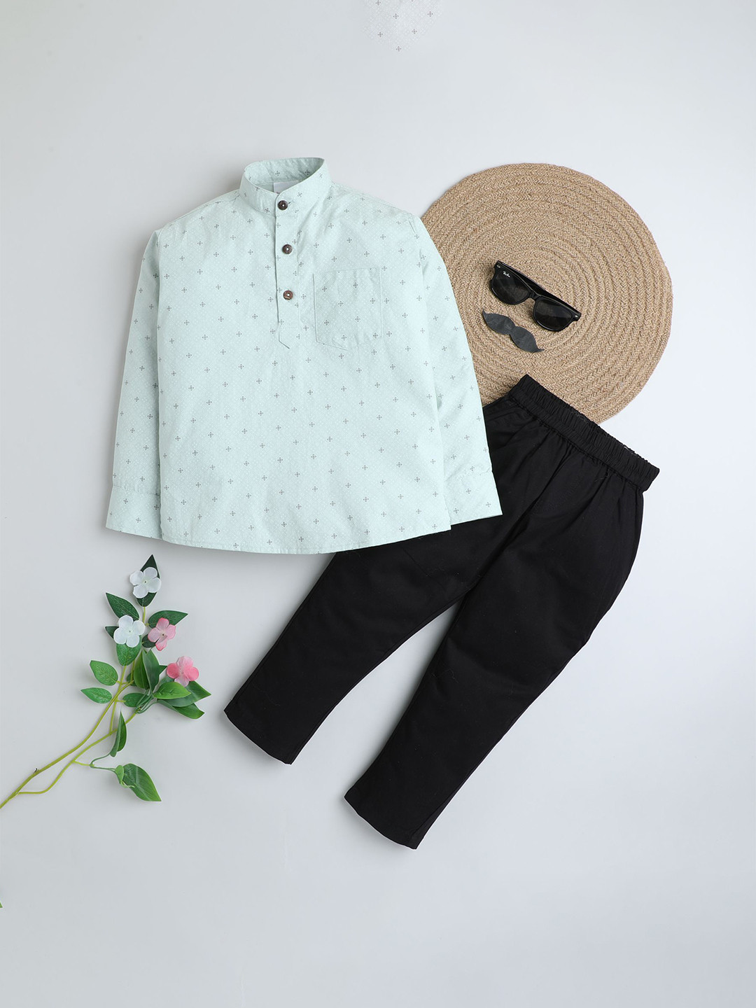 BAATCHEET Boys Geometric Printed Band Collar Pure Cotton Casual Kurta With Trousers