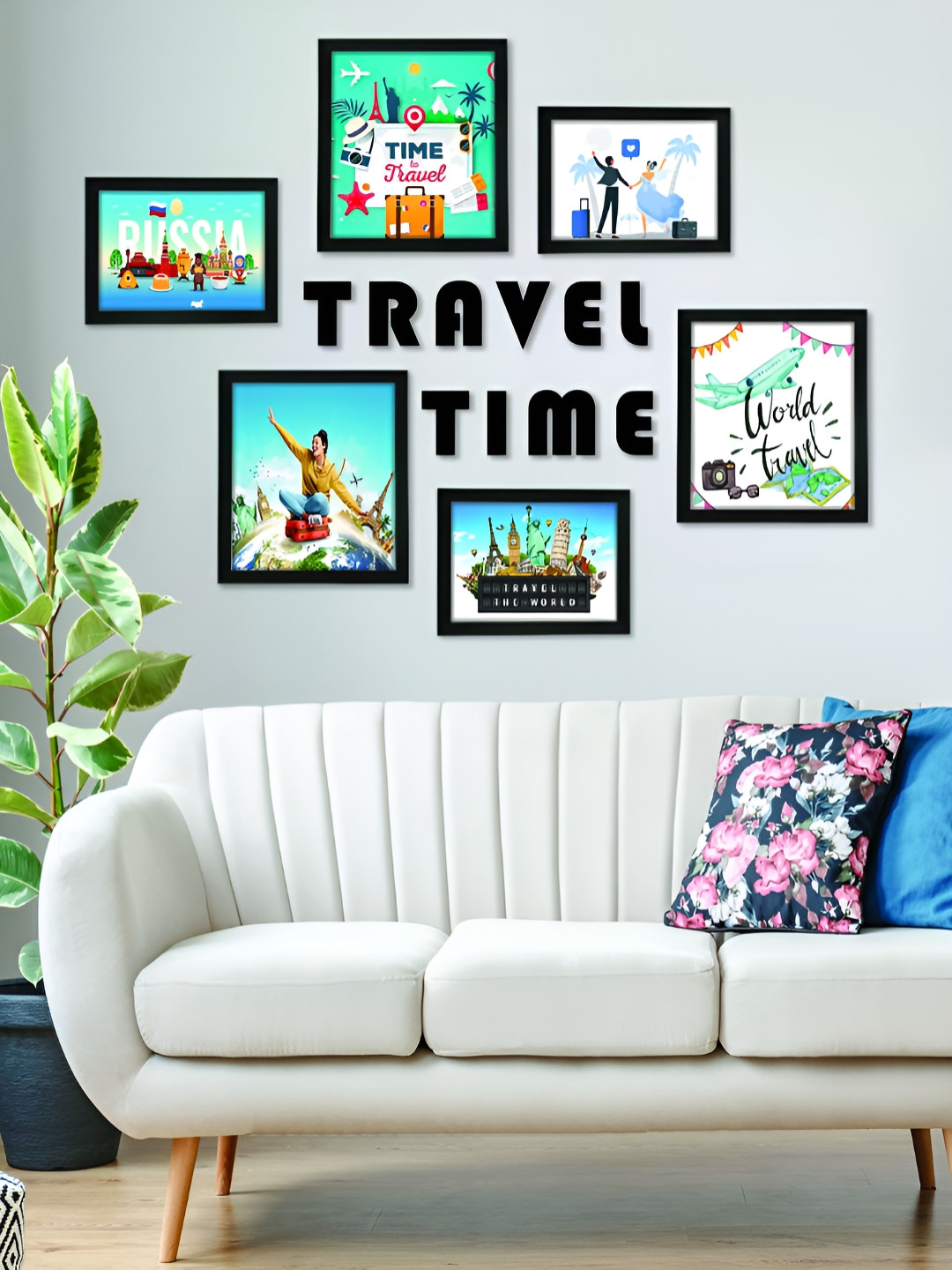 RANDOM Black & White 6 Pieces MDF Wall Photo Frames With Travel Time Plaque