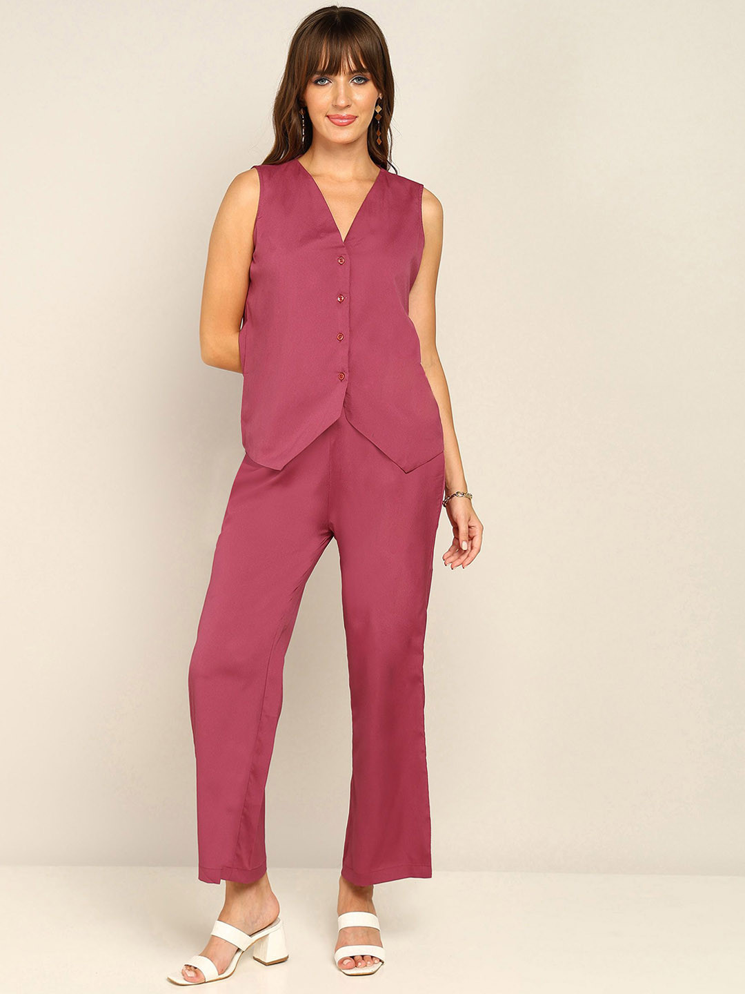 DressBerry Burgundy V-Neck Sleeveless Waistcoat With Trouser