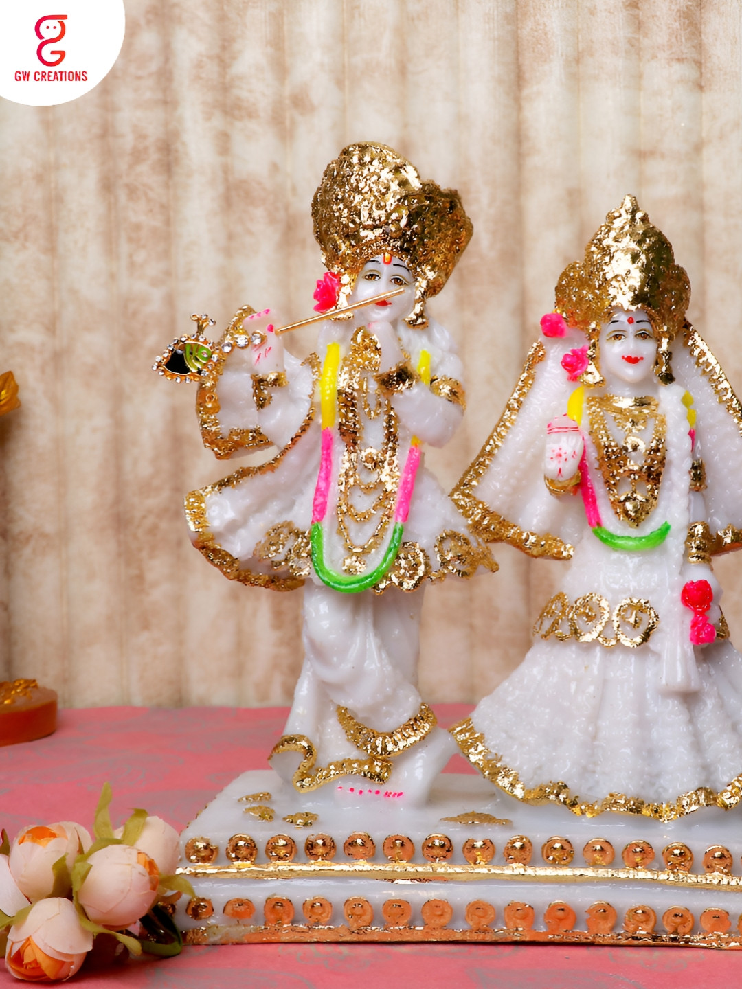 GW CREATIONS Radha Krishna Standing Murti White Marble Glossy Prayer Room Large Showpiece - 2.8 Inches