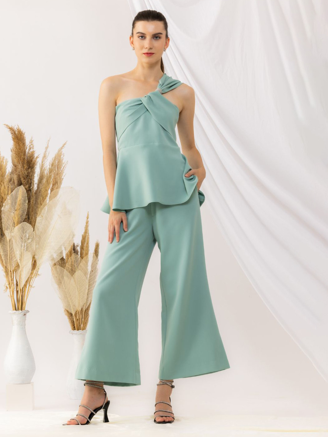 KOVET One Shoulder Peplum Top With Trousers