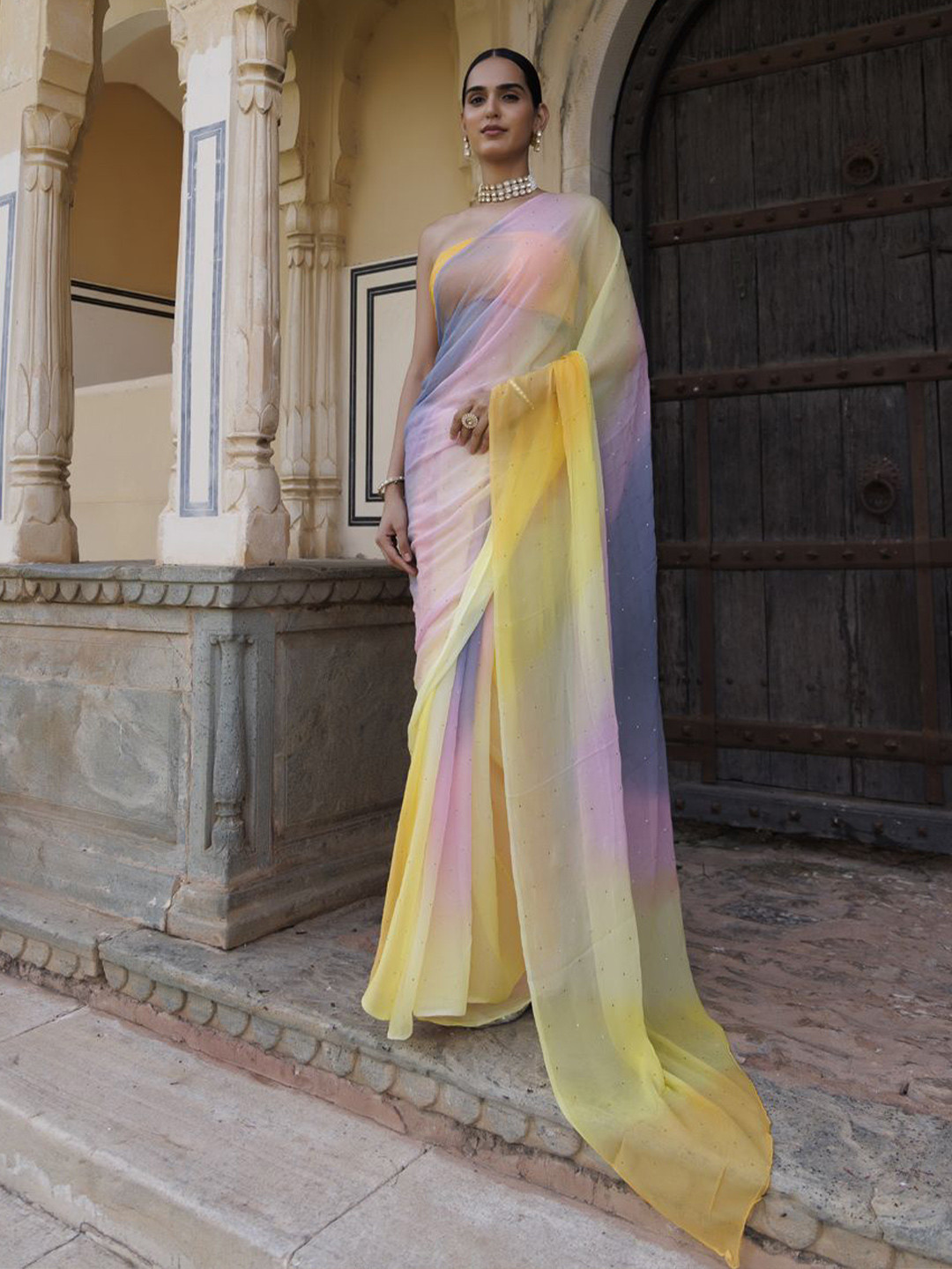 Geroo Luxe Yellow & Purple ColorMukaish Saree With Blouse Piece