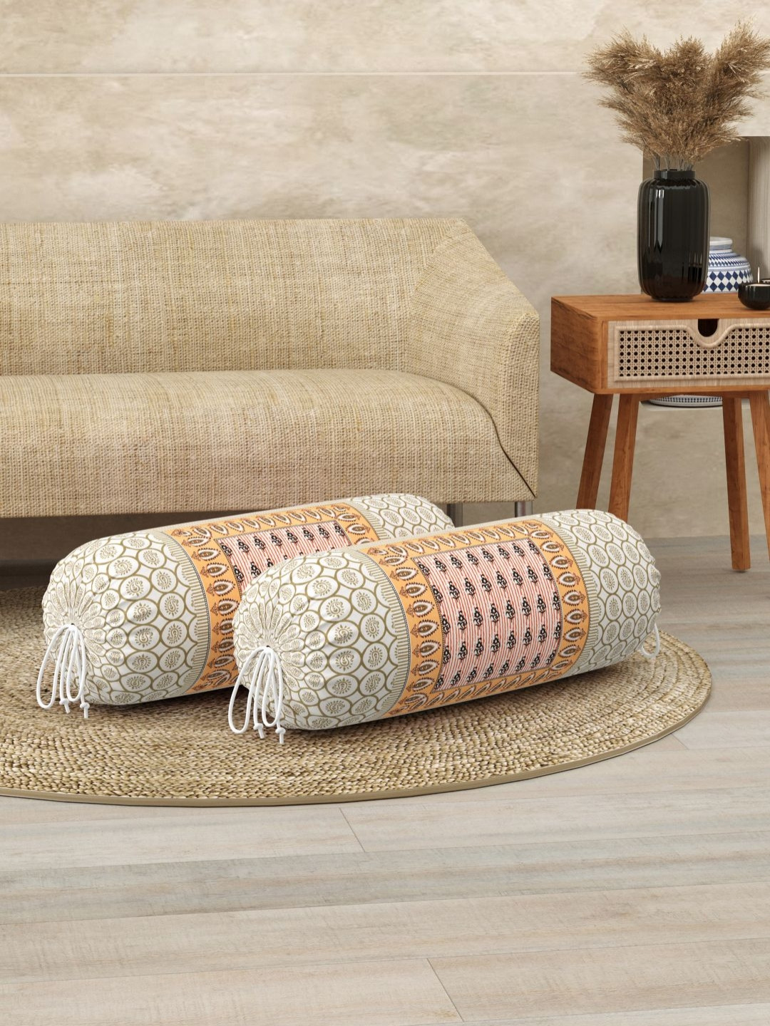 BLOCKS OF INDIA White & Peach-Colored 2 Pieces Ethnic Motifs Printed Cotton Bolster Covers