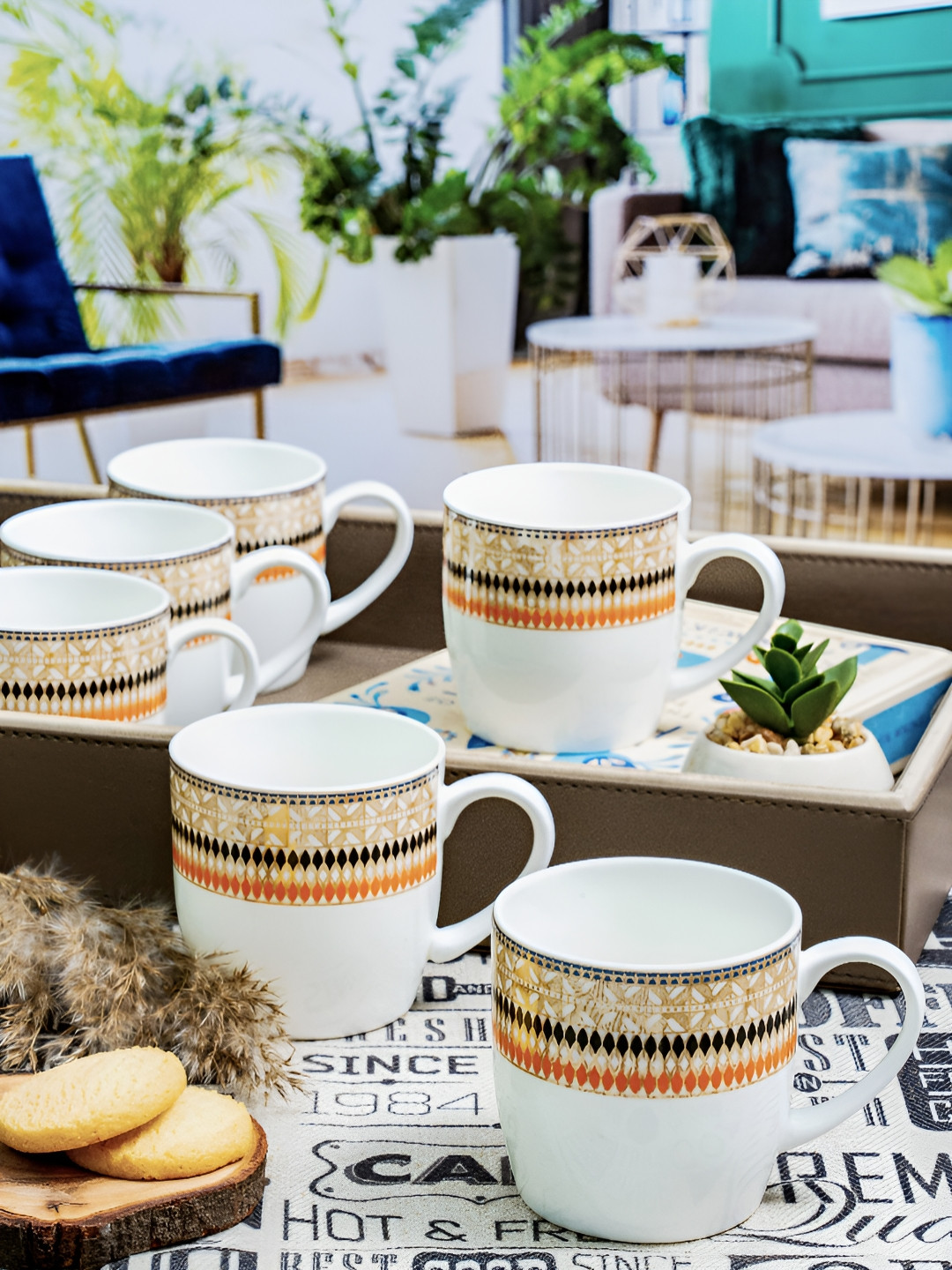 SONAKI Lagoon Comfort White Ethnic Motifs Bone China Handmade 6 Piece Mugs-180ml