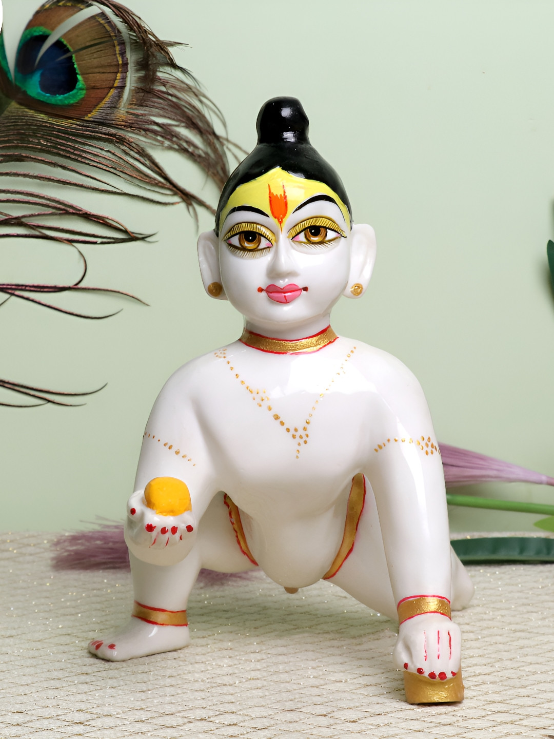 GW CREATIONS Lord Laddu Gopal White Marble Glossy Prayer Room Large Showpiece - 5.5 Inches