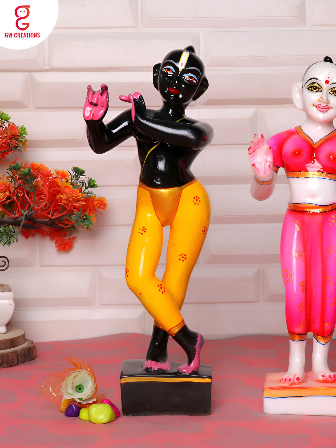 GW CREATIONS Radha Krishna Black Marble Glossy Living Room Set of 2 Large Showpieces - 2.4 Inches