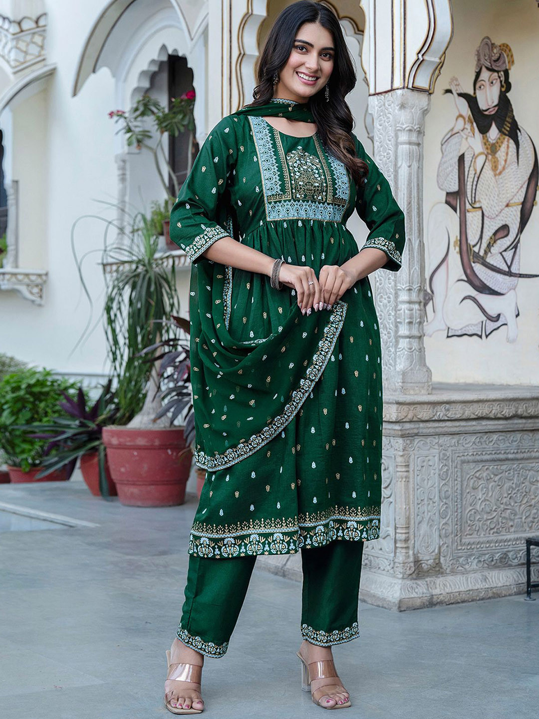 KALINI Ethnic Motifs Regular Chinon A-Line Kurta with Trousers & Dupatta