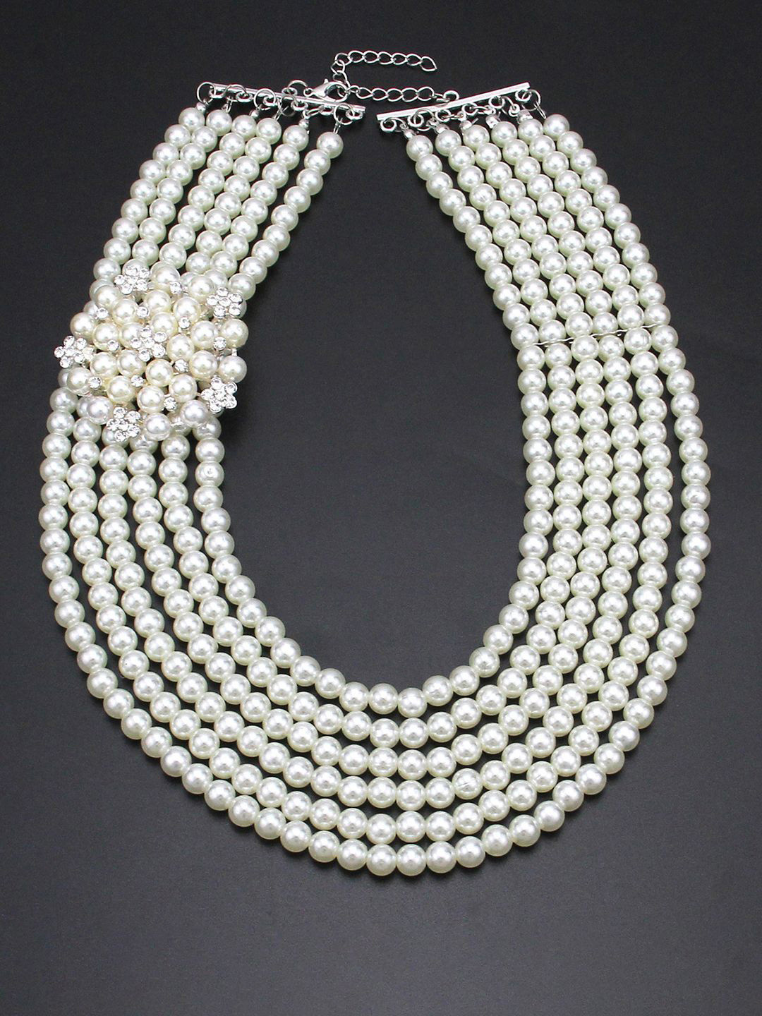 Peora Silver-Plated Stone Studded & Pearls Beaded Six Layered Necklace