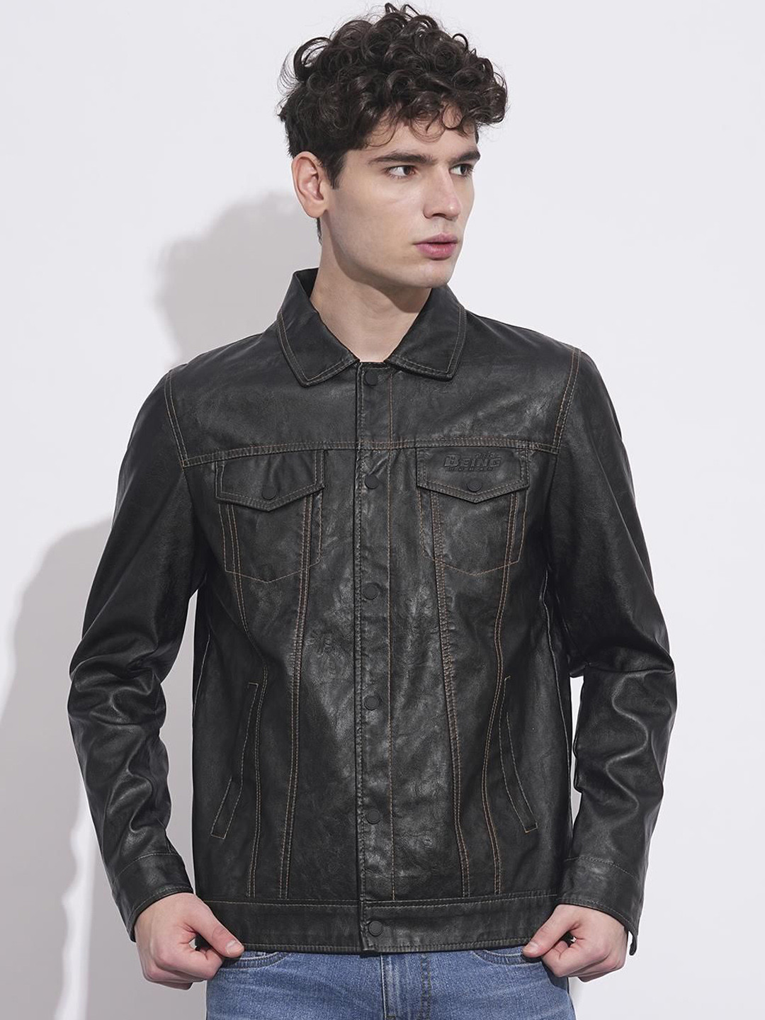 Being Human Men Spread Collar Solid Casual Leather Jacket