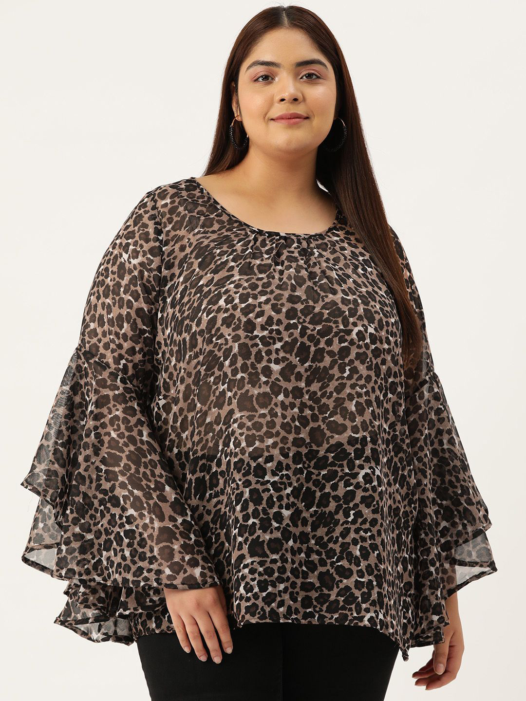 theRebelinme Women Plus Size Animal Print Bell Sleeve Longline Top