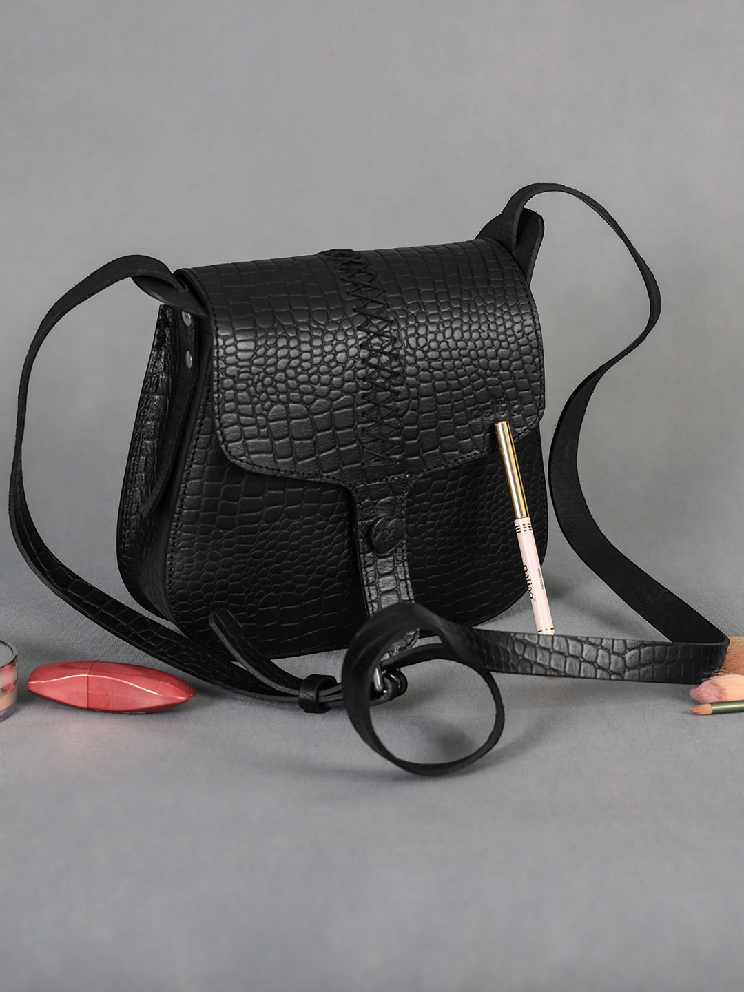 Celtic Women Black SelfDesign Leather Miniature Sling Bag