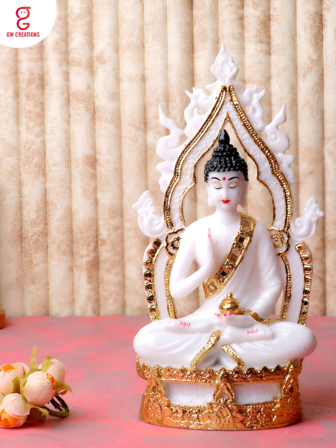 GW CREATIONS Gautam Temple Buddha Meditating Position White Marble Metallic Prayer Room Large Showpiece - 2.4 Inches