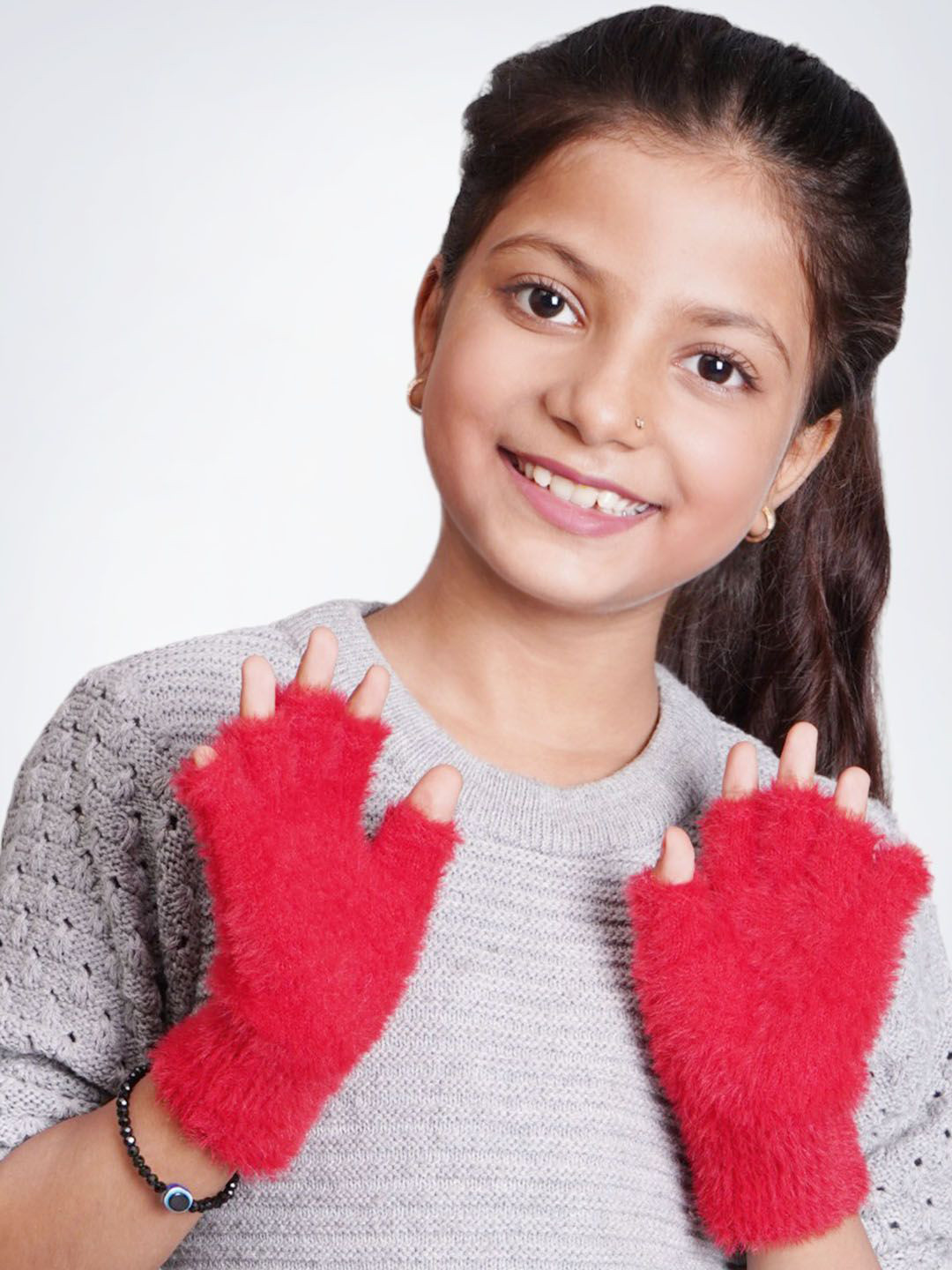 Bharatasya Girls Fur Warm Soft Half Finger Winter Gloves