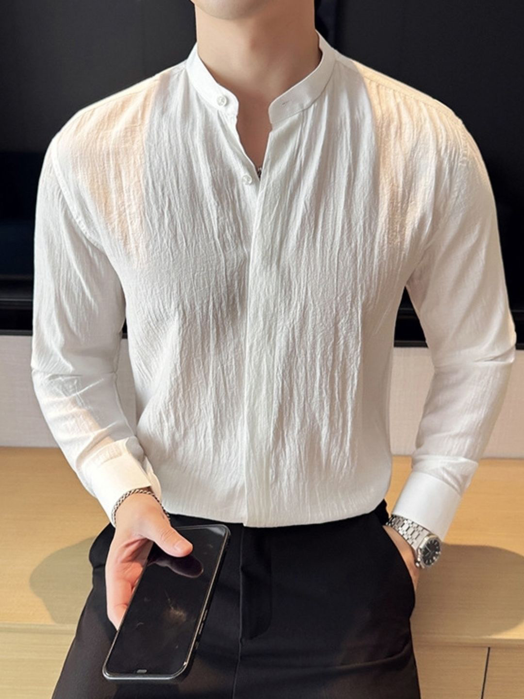 HERE&NOW Men Original Self Design Band Collar Opaque Casual Shirt