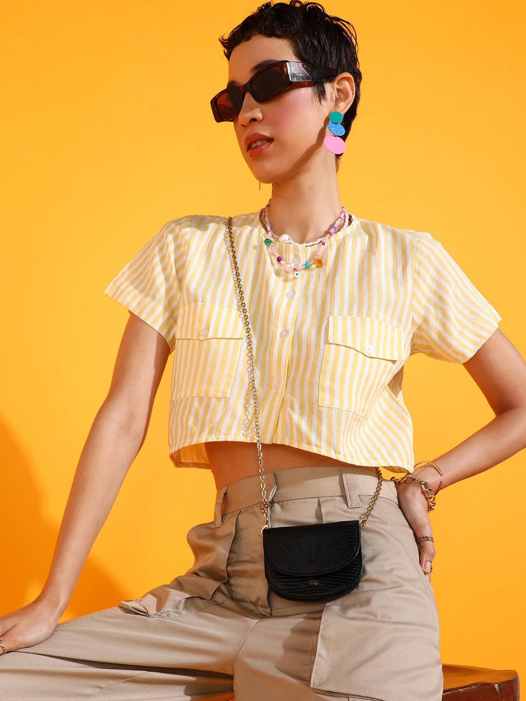 Fuchsia  Women Collarless Vertical Striped Boxy Casual Shirt