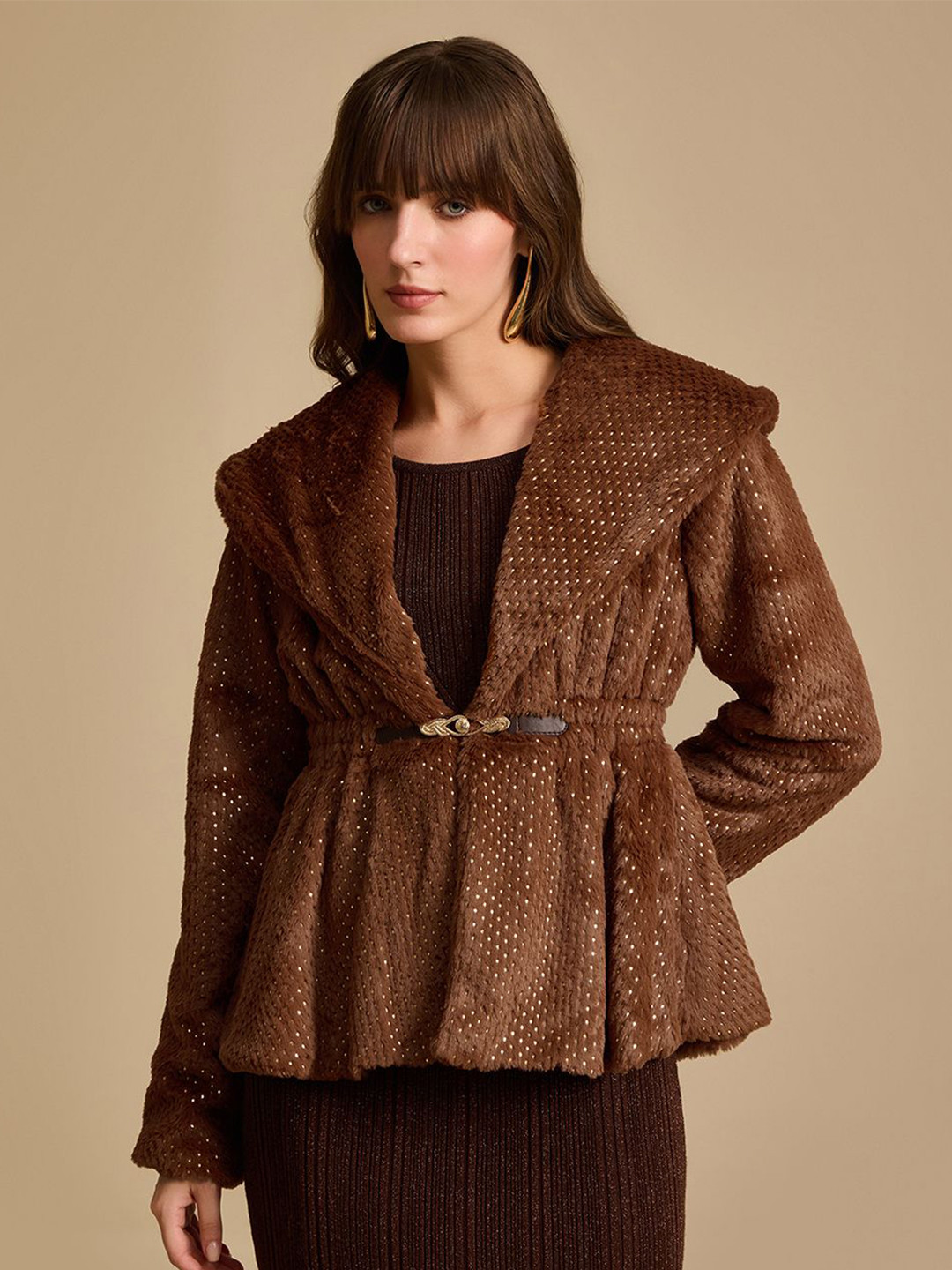 Kazo Women Shawl Collar Self Design Formal Parka Jacket