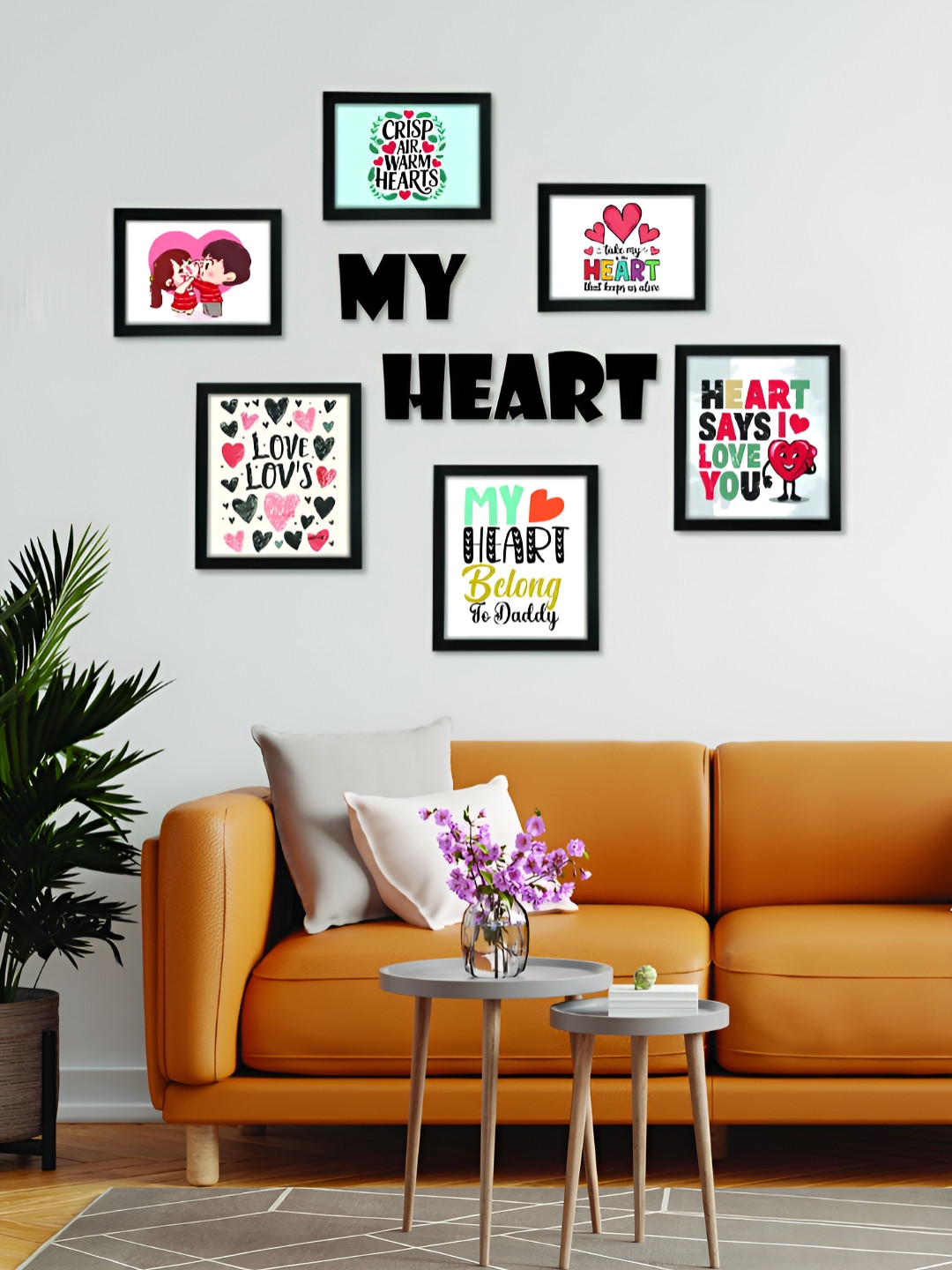 RANDOM Black & White 6 Pieces MDF Wall Photo Frames With My Heart Plaque