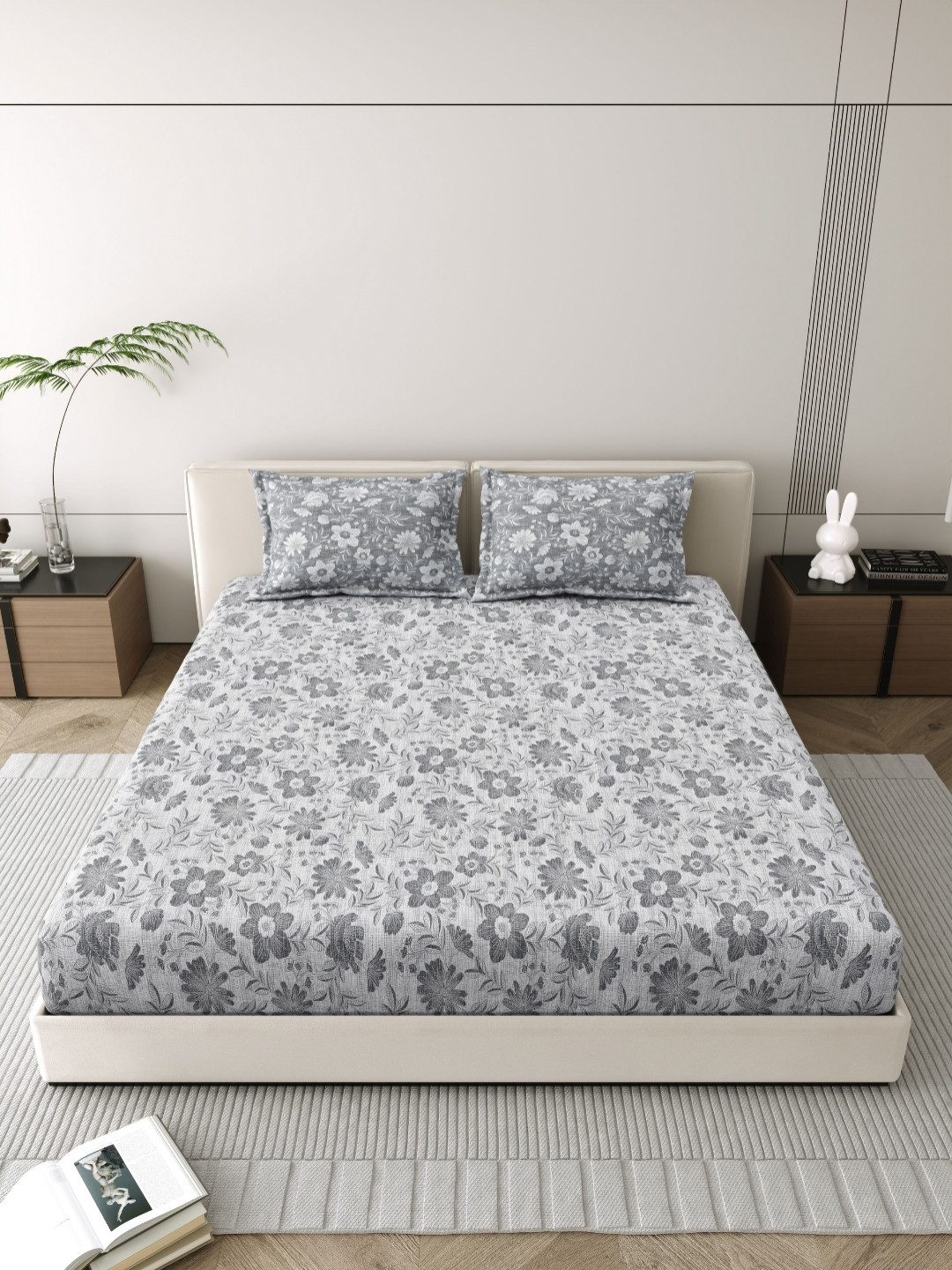 MAFATLAL Grey & White Floral 186 TC Pure Cotton King Bedsheet Set 1.08 m x 1.08 m