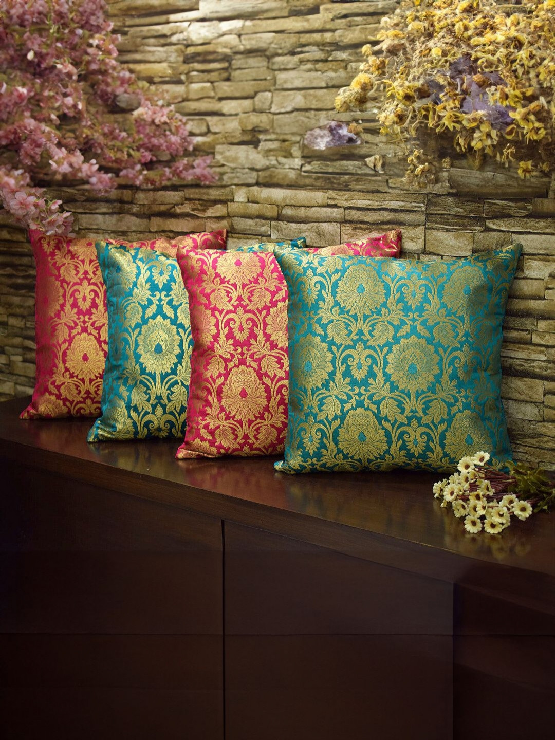 RoyalDeco Green & Pink 4 Pieces Embroidered Brocade Silk Square Cushion Covers