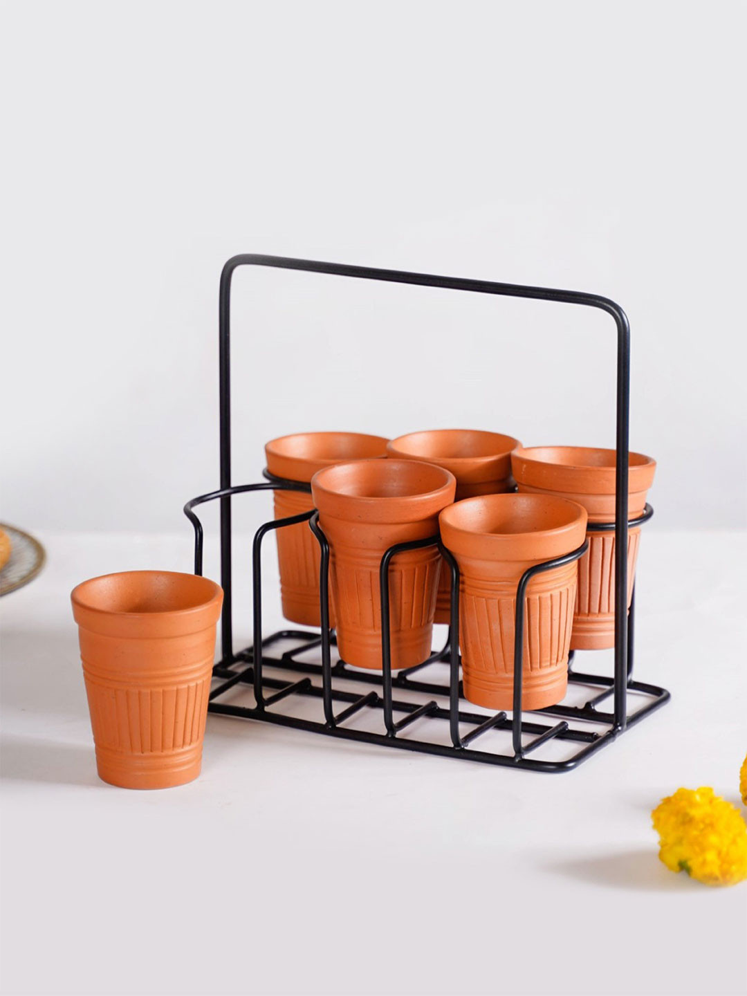 Nestasia Vogue Moss Conical Brown Textured Terracotta Microwave Safe 6 Piece Kulhad with Stand-100ml