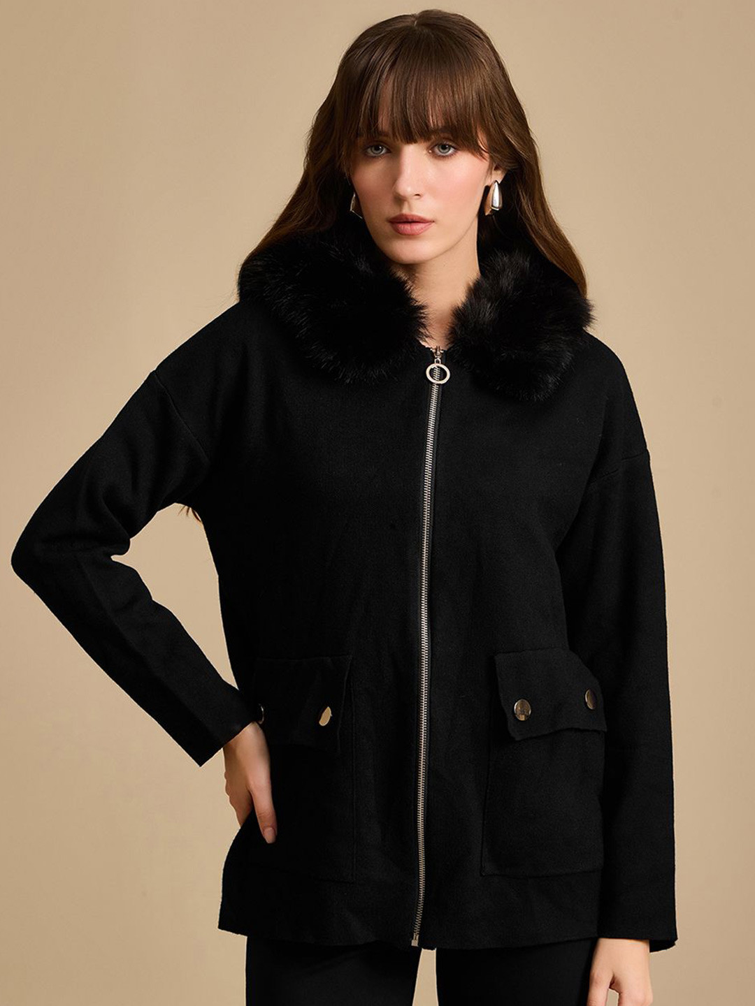 Kazo Women Fur Collar Zippered Overcoat