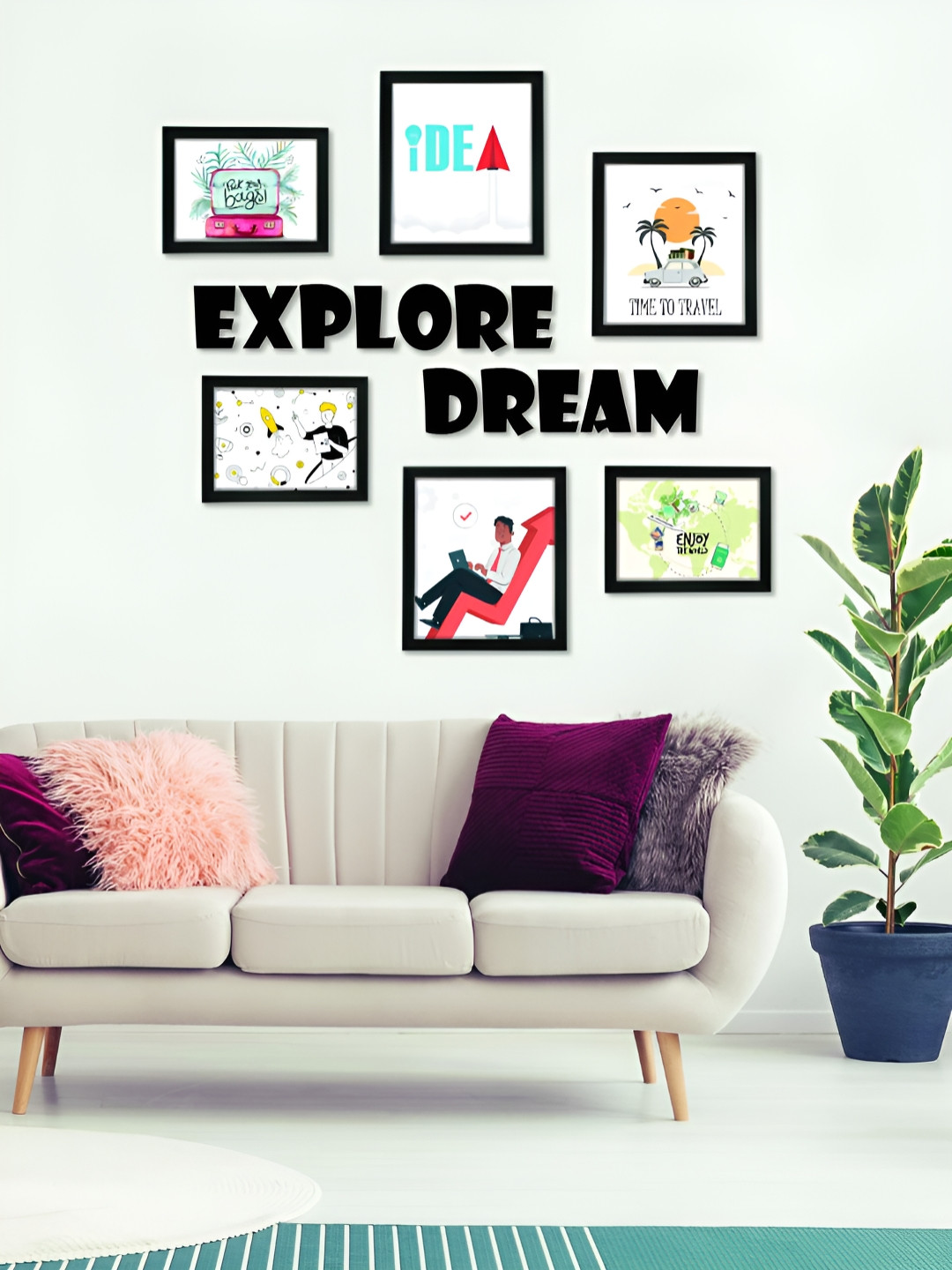 RANDOM Black & White 6 Pieces MDF Wall Photo Frames With Explore Dream Plaque