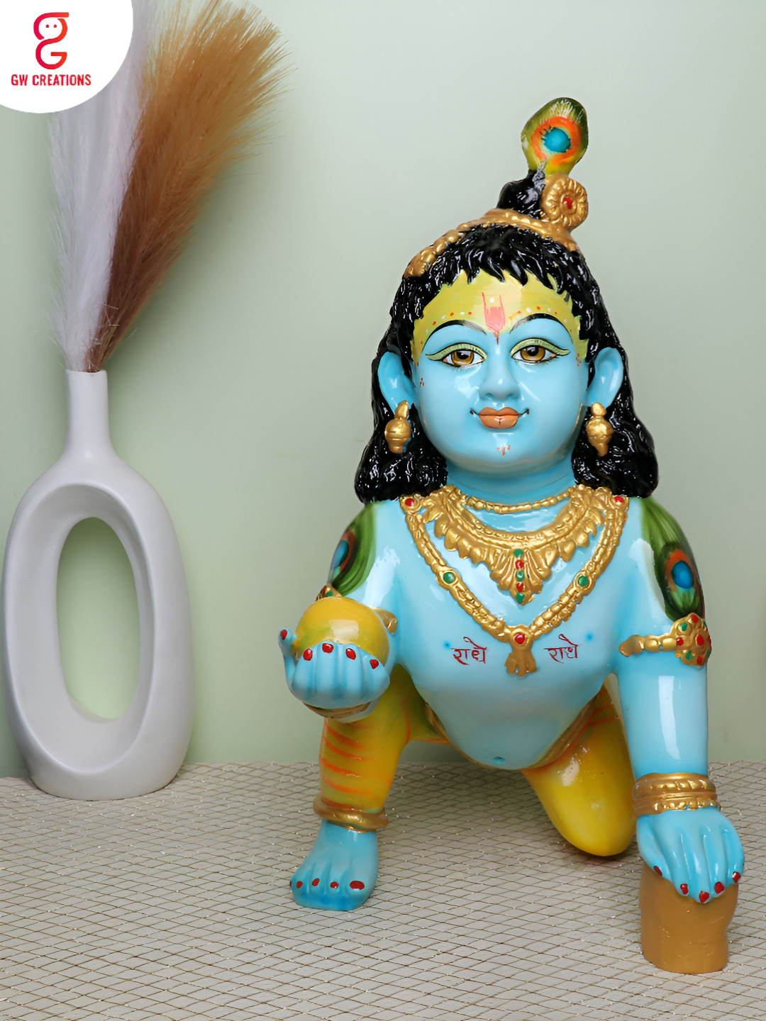 GW CREATIONS Lord Laddu Gopal Blue Marble Glossy Prayer Room Large Showpiece - 9 Inches