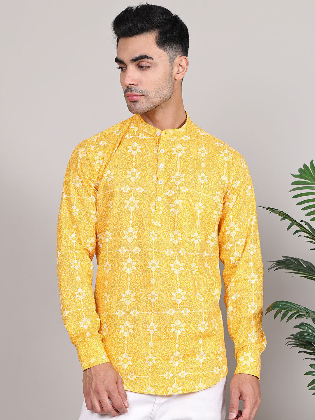 Majestic Floral Printed Band Collar Long Sleeves Regular Pure Cotton Straight Kurta