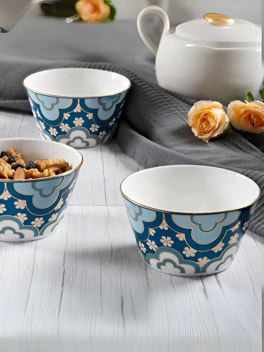 CLAY CRAFT  Blue 3 Pieces Ceramic Highlighted with 24k Gold Print Serving Bowl