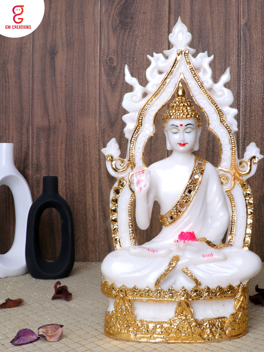 GW CREATIONS Gautam Temple Buddha Meditating Position Statue White Marble Glossy Living Room Large Showpiece - 2.8 Inches