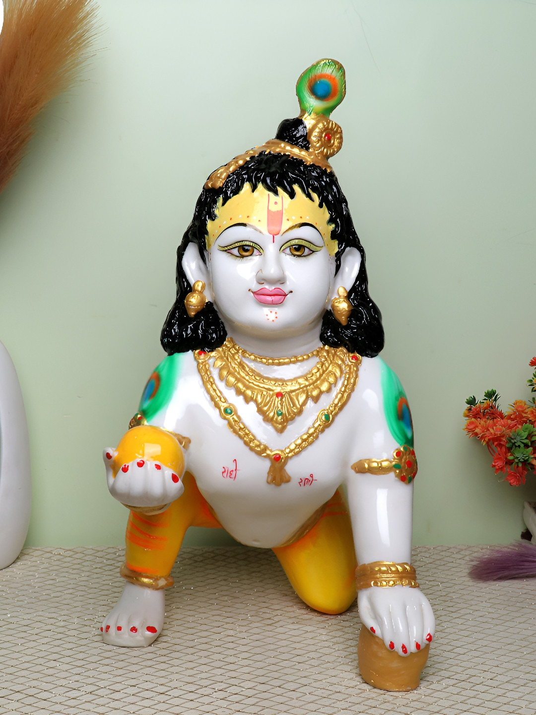 GW CREATIONS Lord Laddu Gopal White Marble Glossy Prayer Room Large Showpiece - 9 Inches