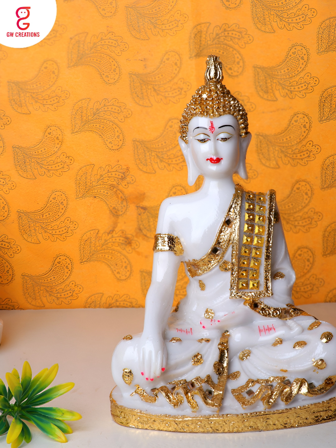 GW CREATIONS Beautiful Lord Gautam Buddha in Meditating Positio Gold Marble Metallic Prayer Room Large Showpiece - 3.5 Inches