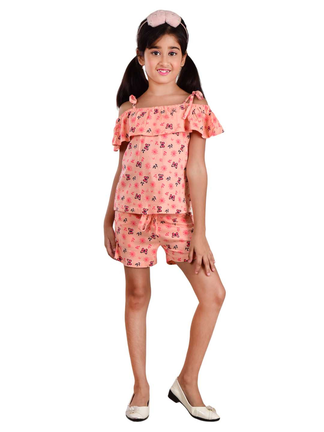 Clothe Funn Girls Floral Printed Off-Shoulder Pure Cotton Top with Shorts