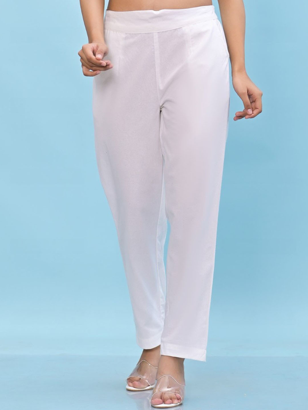 Juniper White Solid Cotton Pants With Partially Elasticated Waistband & Two Side Pockets