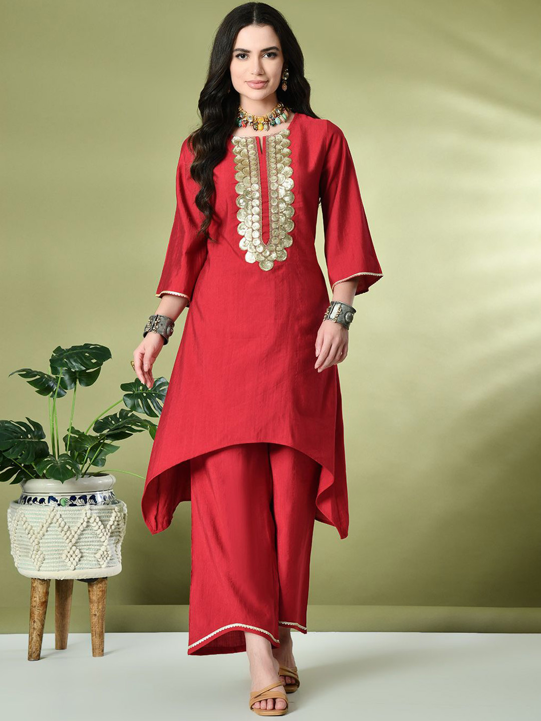Sangria Red Floral Yoke Design Sequinned A-Line Kurta With Palazzo