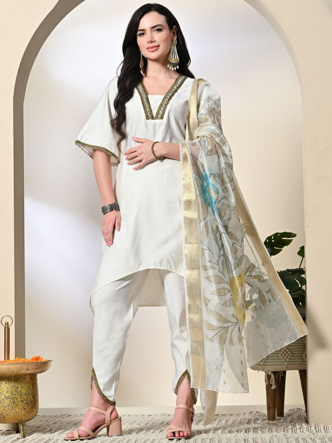 Myshka V-Neck Bell Sleeves Beaded A-Line Kurta With Dhoti Pants & Dupatta